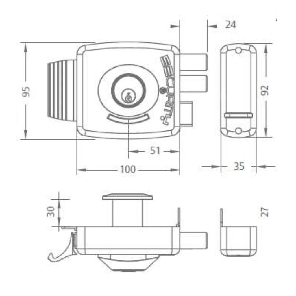 CERRADURA SOBREPONER REJA C/CAJA POLI 2 PITONES