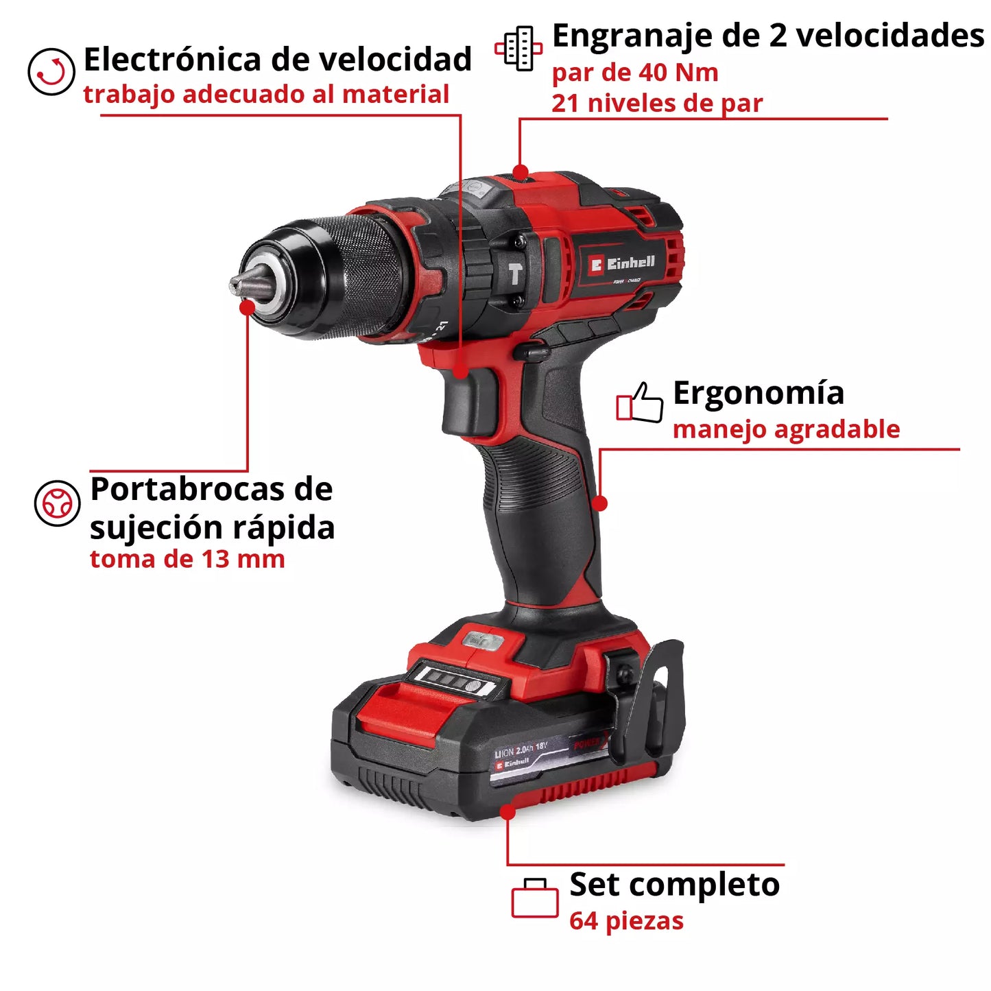 TALADRO PERCUTOR INALAMBRICO KIT 64 ACCESORIOS EINHELL TEC-CD 18/40