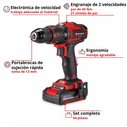 TALADRO PERCUTOR INALAMBRICO KIT 64 ACCESORIOS EINHELL TEC-CD 18/40