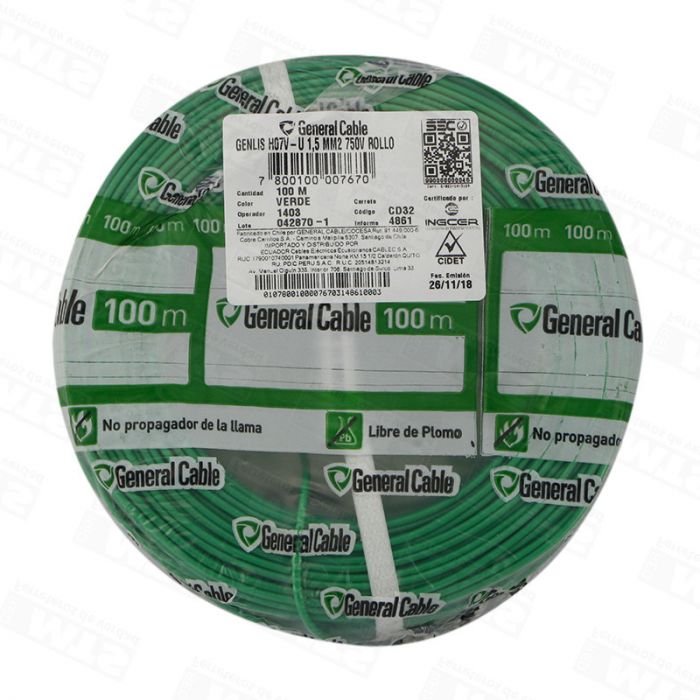 ALAMBRE GENLIS NYA 1.5 MM VERDE H07V-U 25 MT