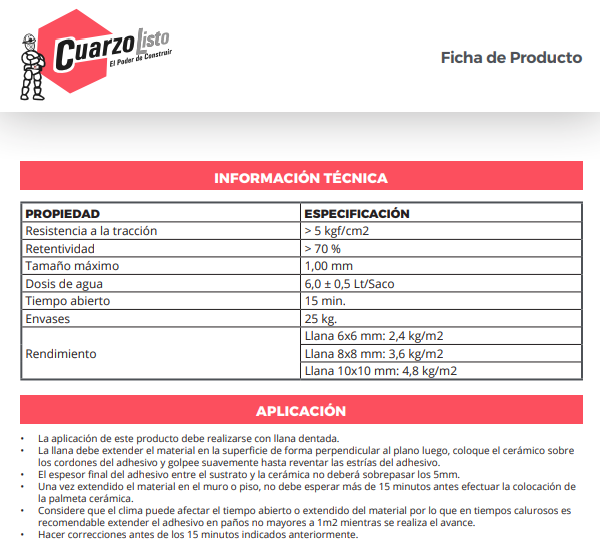 ADHESIVO CERÁMICA POLVO 25KG CUARZOLISTO