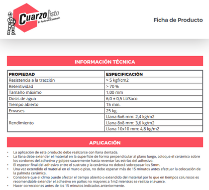 ADHESIVO CERÁMICA POLVO 25KG CUARZOLISTO