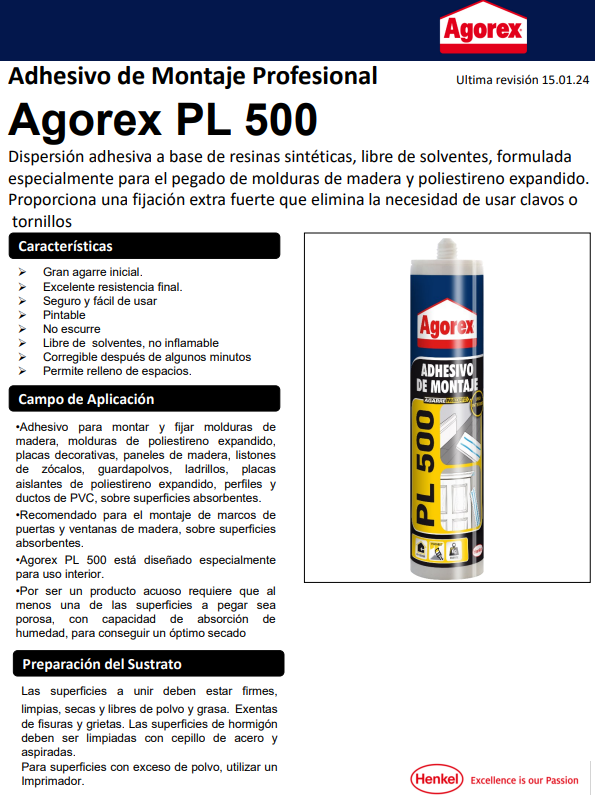 AGOREX PL500 ADHESIVO MONTAJE 370GR